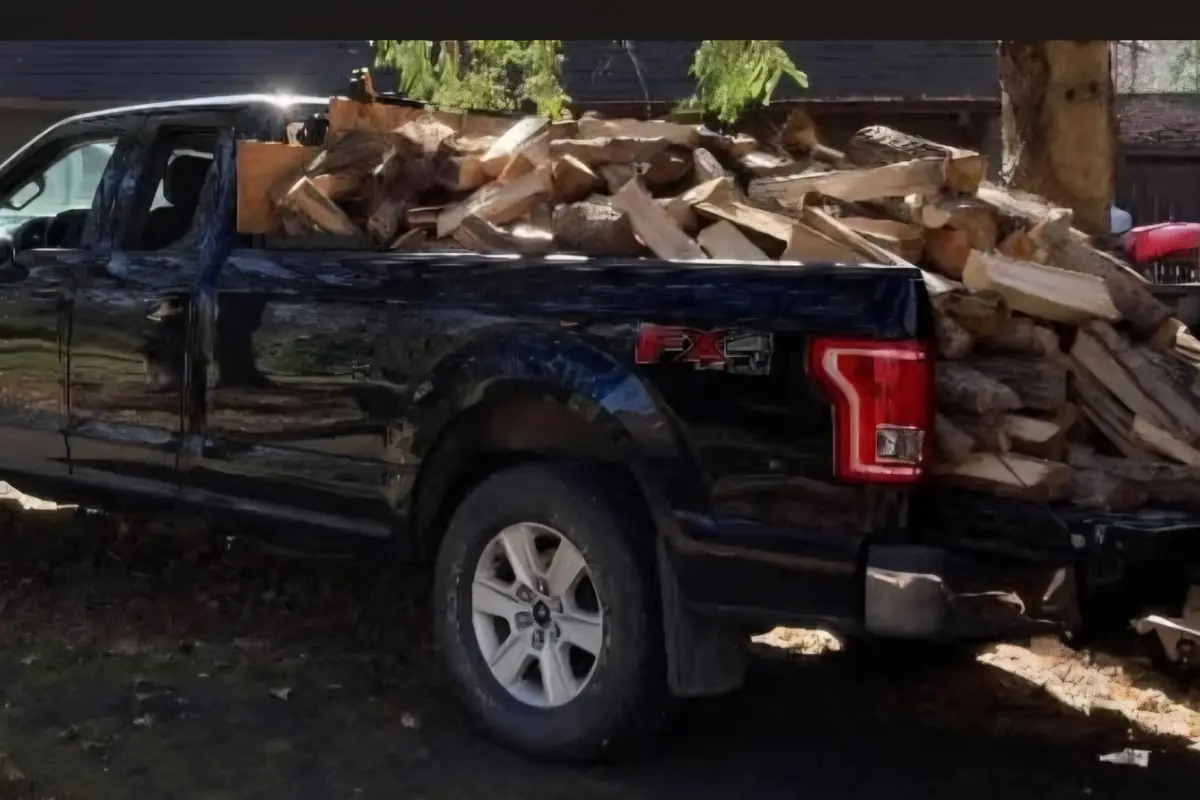 Split firewood loaded for transport